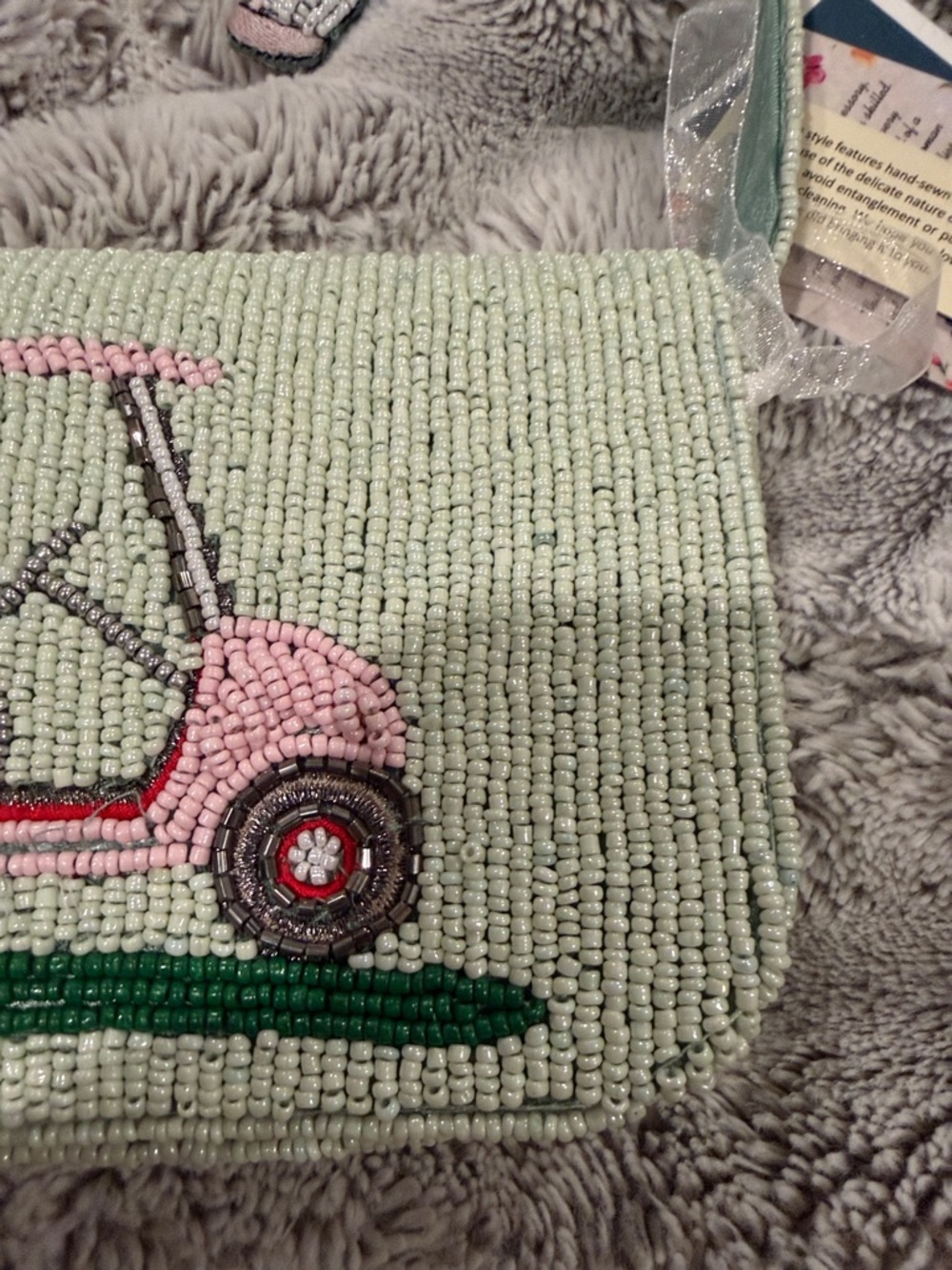 Beaded Mint Green Shoulder Bag with Pink Golf Cart Motif viral TikTok - Picture 4 of 16
